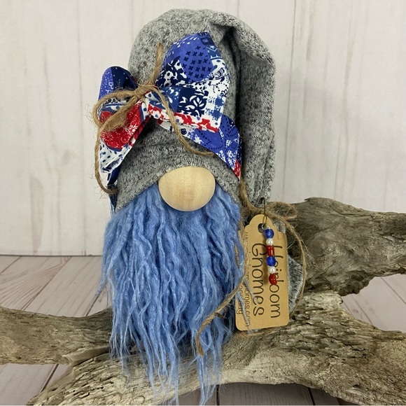 Hand Crafted Other - 🚫SOLD🚫 Country Patriotic Quilt Print Gnome Handmade Red White Blue Bow Gray
